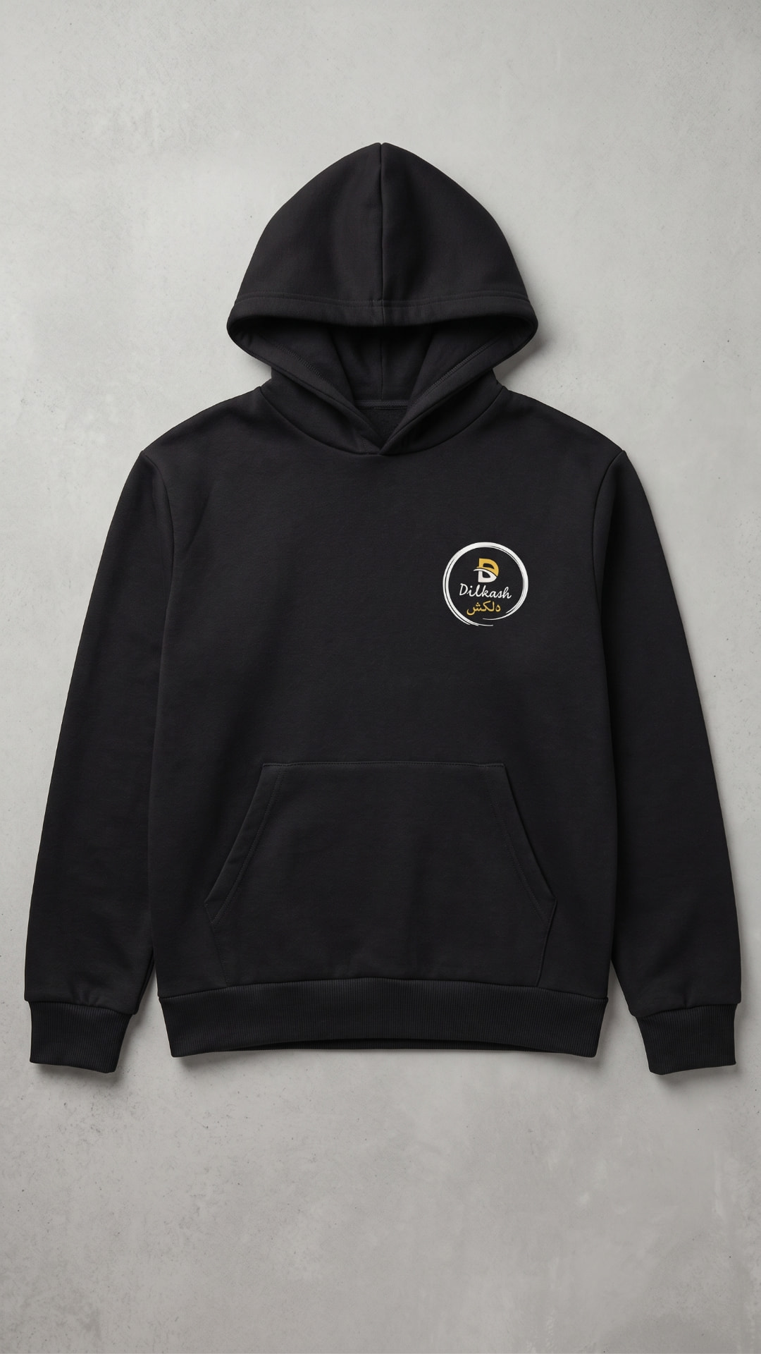 Front of the Dilkash Sabr hoodie in midnight black