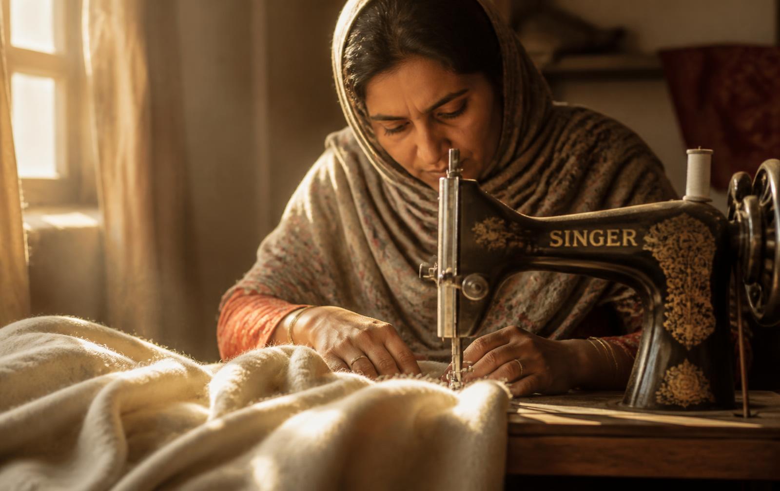 A Dilkash artisan at her sewing machine in warm afternoon light